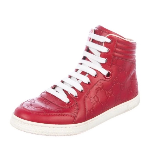 Gucci Red Hibiscus Signature High-top Sneaker Flats sz 8 - Picture 1 of 10